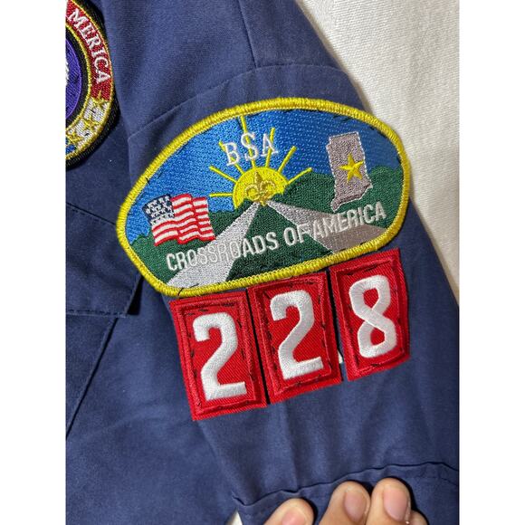 Boy Scout Youth Medium Button Up Shirt Navy Patches Crossroads of America Flag - Picture 4 of 9